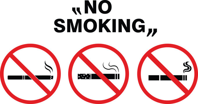 No smoking sign icons and warning symbols set with prohibited cigarette vector for public area regulations