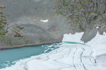 Top view to icy alpine lake among rocks and snows. Cracked ice floes float on turquoise lake in mountain cirque. Scenic view from above to white snow and green water surface of frozen lake close up. © Daniil