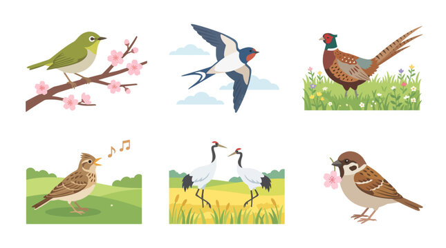 Birds Singing on Blossoming Tree Branches in Garden Nature Scenes