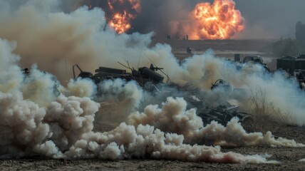 Obraz premium Intense battlefield scene with explosions and smoke from destroyed military vehicles and tanks during daytime