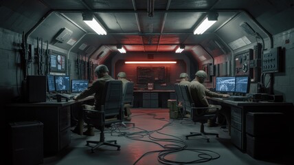 Fototapeta premium Futuristic control room with multiple operators working at computer monitors in a high-tech environment, sci-fi interior with modern equipment