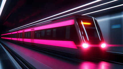 Fototapeta premium Futuristic Pink Train in a Neon Tunnel