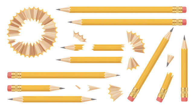 A collection of yellow pencils and pencil shavings on a white background