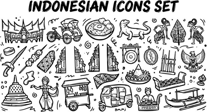 Indonesian Culture and Travel Icons Set in Hand-drawn Black and White Line Art Style. Collection of Traditional Symbols, Food, Landmarks, and Animals.