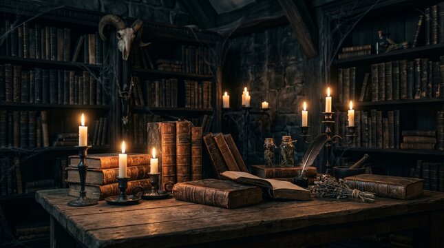 Spooky halloween background antique books candles and skull in dark library