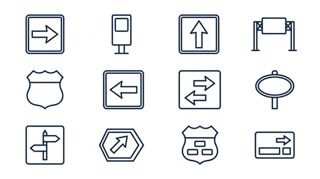 Collection of Various Road Sign Icons and Symbols.