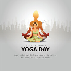 Obraz premium Modern International Yoga Day vector illustration featuring a young woman meditating in a lotus pose with calm expression,“YOGA” typography. Minimal pastel background, abstract vector illustration