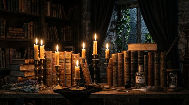 Spooky halloween background with candles books and potions