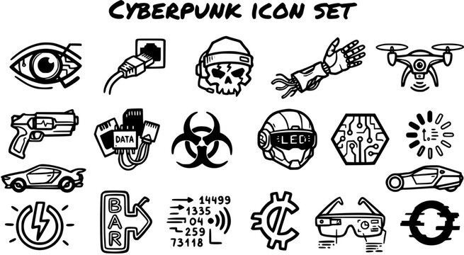 Cyberpunk Icon Set. Hand-drawn Black  White Line Art Glyphs for Sci-Fi, Future Technology, AI, Robotics, Hacking, and Dystopian Digital Themes.
