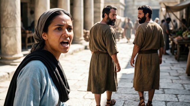 Woman possessed by divination spirit crying out following apostle Paul and Silas in ancient city marketplace. Biblical scene from Acts of the Apostles, spiritual healing and faith.