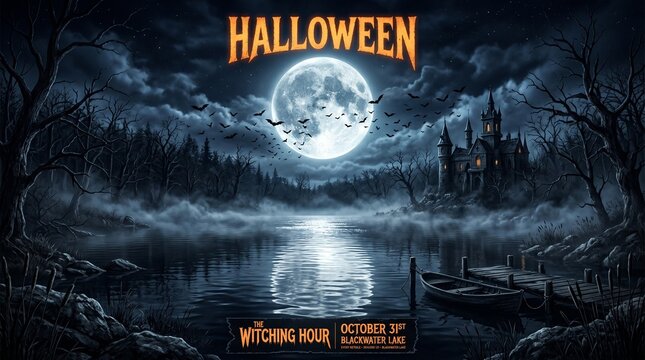 Spooky halloween background with castle bats and full moon digital art