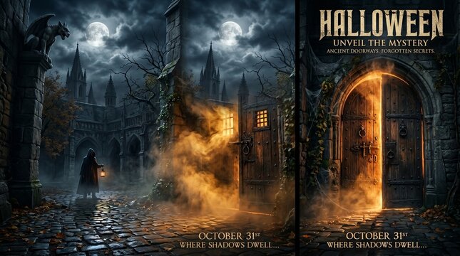 Spooky halloween background with gothic architecture and mysterious doors