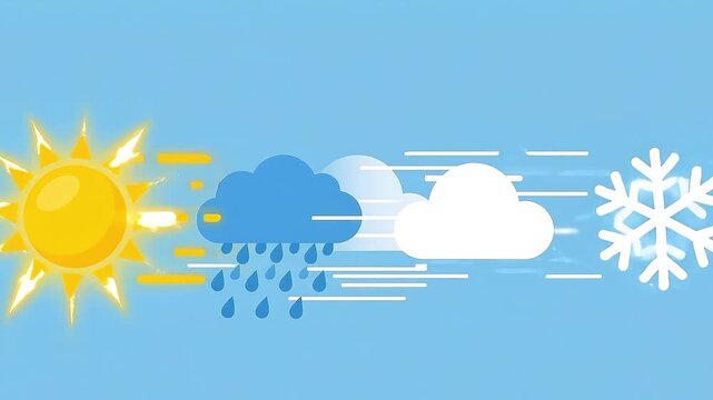 Weather icons (sun, rain, cloud, snow) transitioning smoothly into each other on a solid light-blue background Videos