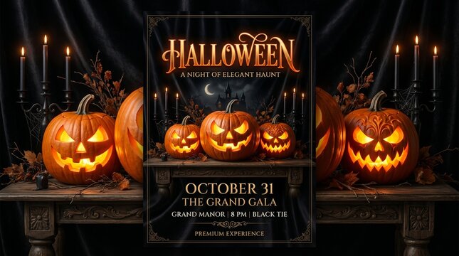 Elegant halloween background with jack o' lanterns candles and spooky haunted mansion