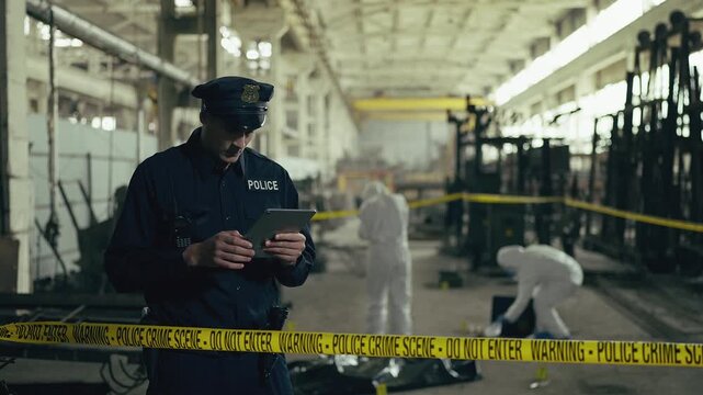 Portrait of police officer using tablet while working at factory crime scene