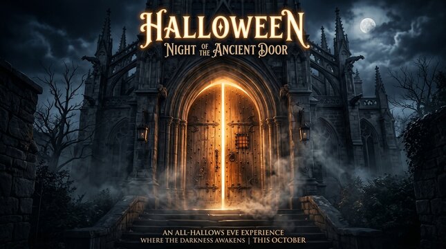 Spooky halloween background ancient stone archway with glowing door for october events