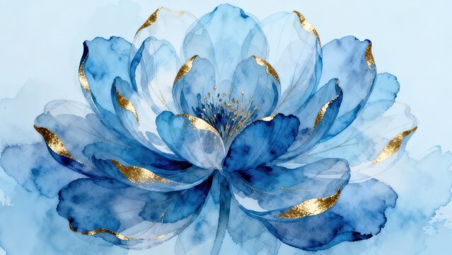 Blue floral watercolor with gold accents