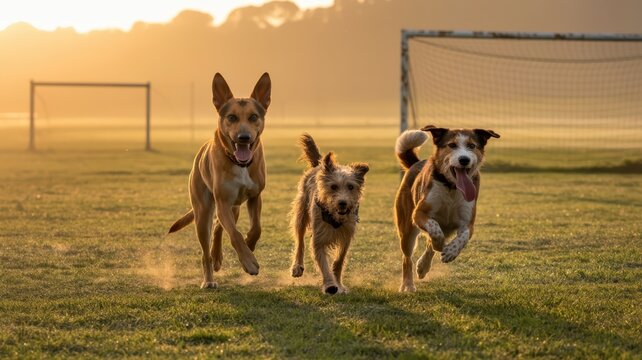 Three energetic dogs running on a grassy field during sunset with a soccer goal in the background