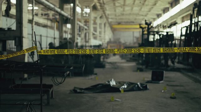 Industrial crime scene with police tape, body bag and yellow evidence markers
