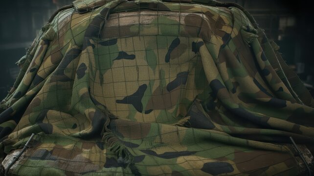 Military camouflage fabric with green, brown, and black pattern draped over a surface, close-up shot of tactical textile material