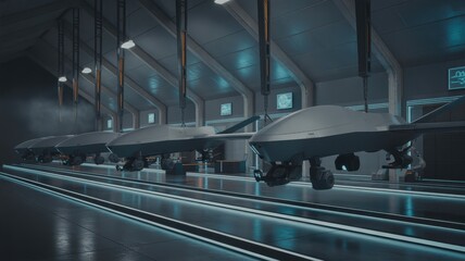 Obraz premium Modern drone assembly facility with multiple autonomous unmanned aerial vehicles in high-tech manufacturing environment