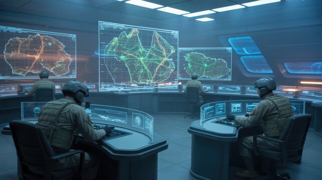 High-Tech Military Command Center with Soldiers Monitoring Digital Data and Strategic Maps for Defense and Security Operations