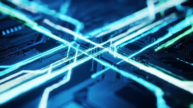 Macro video of a sleek, advanced circuit board; intricate glowing blue, white, green data streams, soft bokeh. Concept of high-speed data transfer and innovation