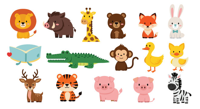 Large set of various cute cartoon animals including a lion and tiger and many more wild creatures on white background.