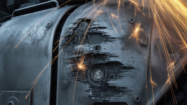 Metal pipe with warm sparks and flame from grinding or cutting process, industrial equipment close-up shot