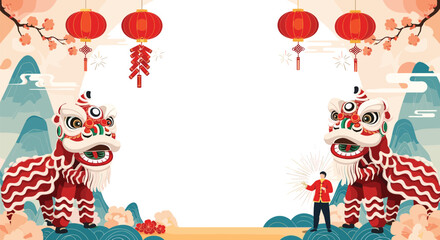 Fototapeta premium Festive chinese new year scene featuring traditional red lion dancers, hanging lanterns, and fireworks in a valley.