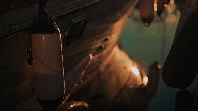 Evening sun reflects on water surface with boat bumpers swaying next to a docked vessel.