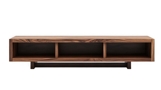 Modern wooden TV unit with open shelves on a white background
