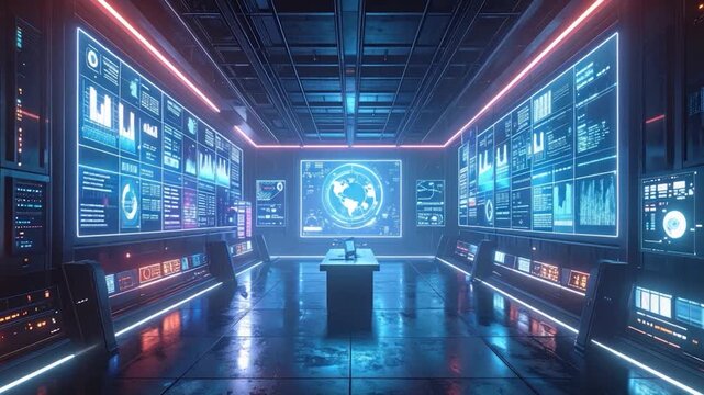 Futuristic control room, blue lit with data displays. Central table, sci-fi design