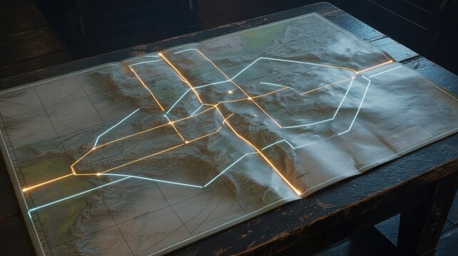 Illuminated World Map with Glowing Network Lines and Geographic Details on a Transparent Surface