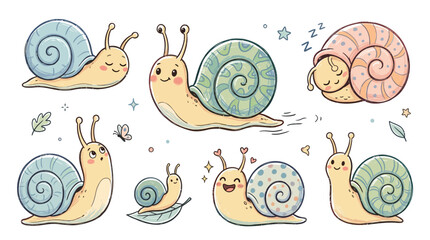 Kawaii snail cartoon character set, cute garden mollusk stickers in pastel colors, 7 hand drawn snail illustrations for nursery decor and children design © sidra