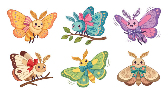 Kawaii moth character set, cute cartoon butterfly illustrations with bows, 6 colorful insect vector elements for nursery decor and stickers