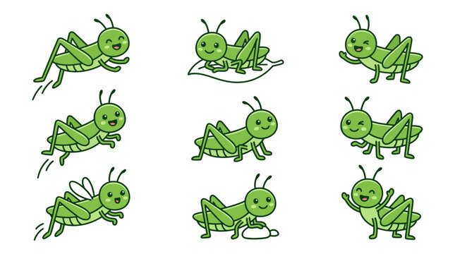 Cute grasshopper cartoon character set, 9 green cricket mascot poses in flat vector style, friendly insect illustrations for kids education