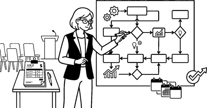 Business professional drawing complex process flowchart on whiteboard