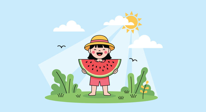 Little girl wearing a sun hat and holding a giant slice of watermelon while standing in a sunny green field with blue sky.