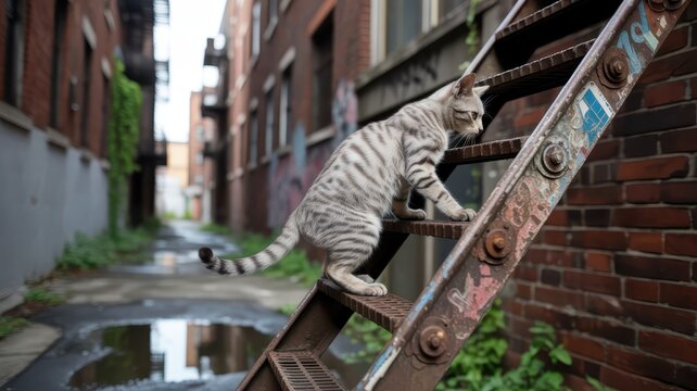 Gray striped tabby cat climbing outdoor metal fire escape ladder on brick building in urban alleyway