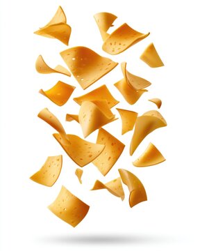 Floating, scattered tortilla chips with a golden, crispy texture against a white background.