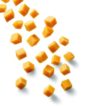 Small yellow-orange cheese cubes scattered on a white background with soft shadows.