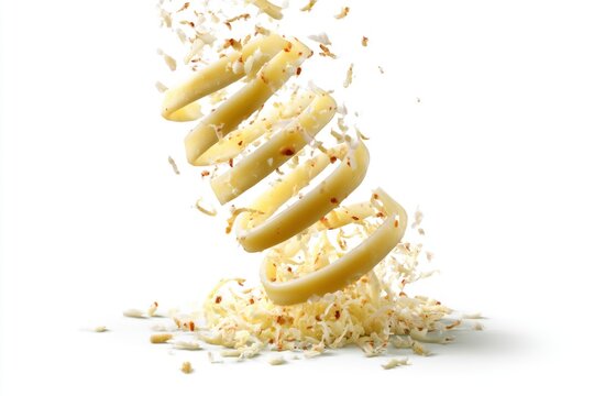 A spiral of pale yellow cheese curls levitates above a pile of shredded cheese with scattered bits on a white background.