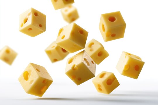 Cubes of Swiss cheese with characteristic holes appear to be floating or falling against a white background.