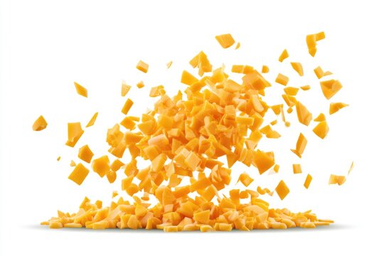 A pile of small, irregular orange cheese pieces scattered mid-air against a white background.