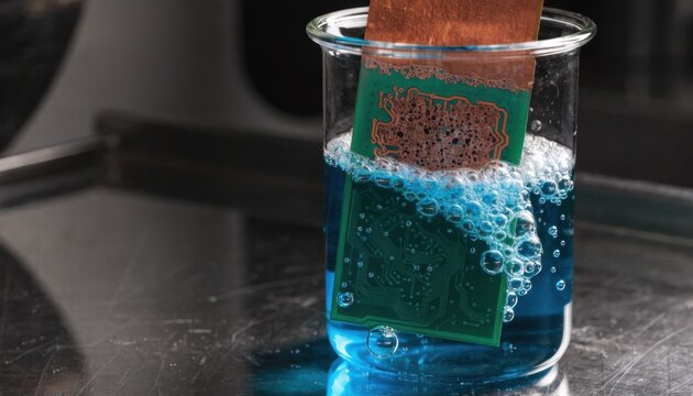 Closeup medium shot showing the bubbling reaction of cupric chloride on copper surface as unwanted copper is chemically removed to define intricate circuit patterns on a green PCB.