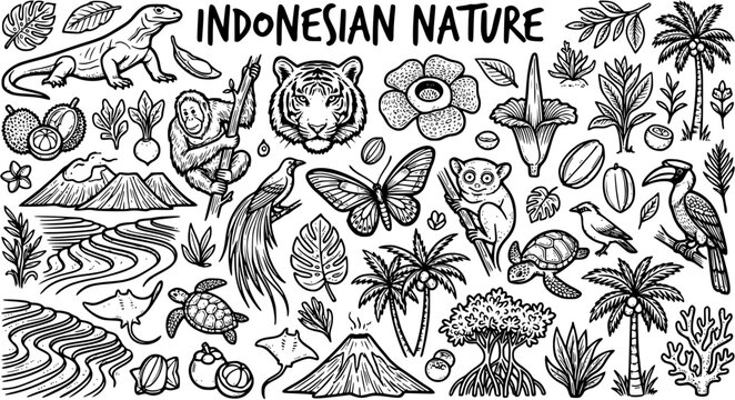 Indonesian Nature Black and White Line Art Doodle Vector Set. Tropical Wildlife, Animals, Plants, and Landscapes Collection for Travel and Ecosystem Themes.