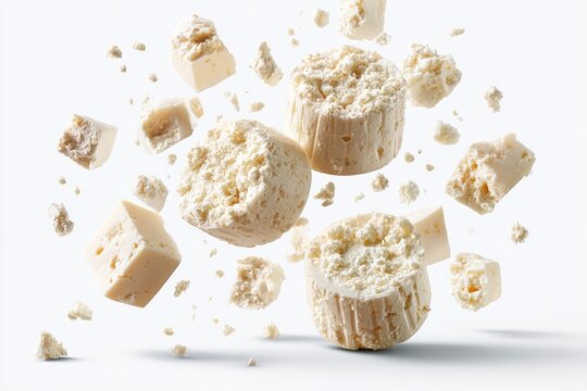Crumbled and solid pieces of white feta cheese suspended on a white background.