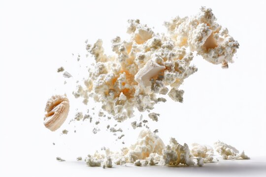 A close-up image of popcorn kernels in mid-air, showcasing their fluffy texture and irregular shapes against a white background.