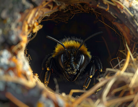 Bumblebee emerging from nest closeup